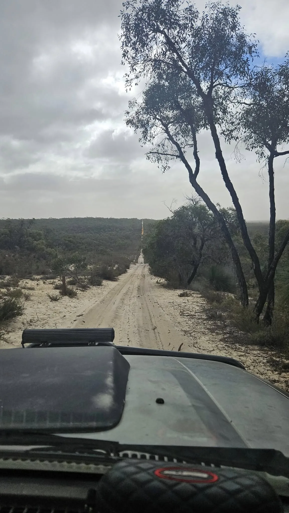 In-cab view — sandy mallee track stretching ahead through the Wimmera