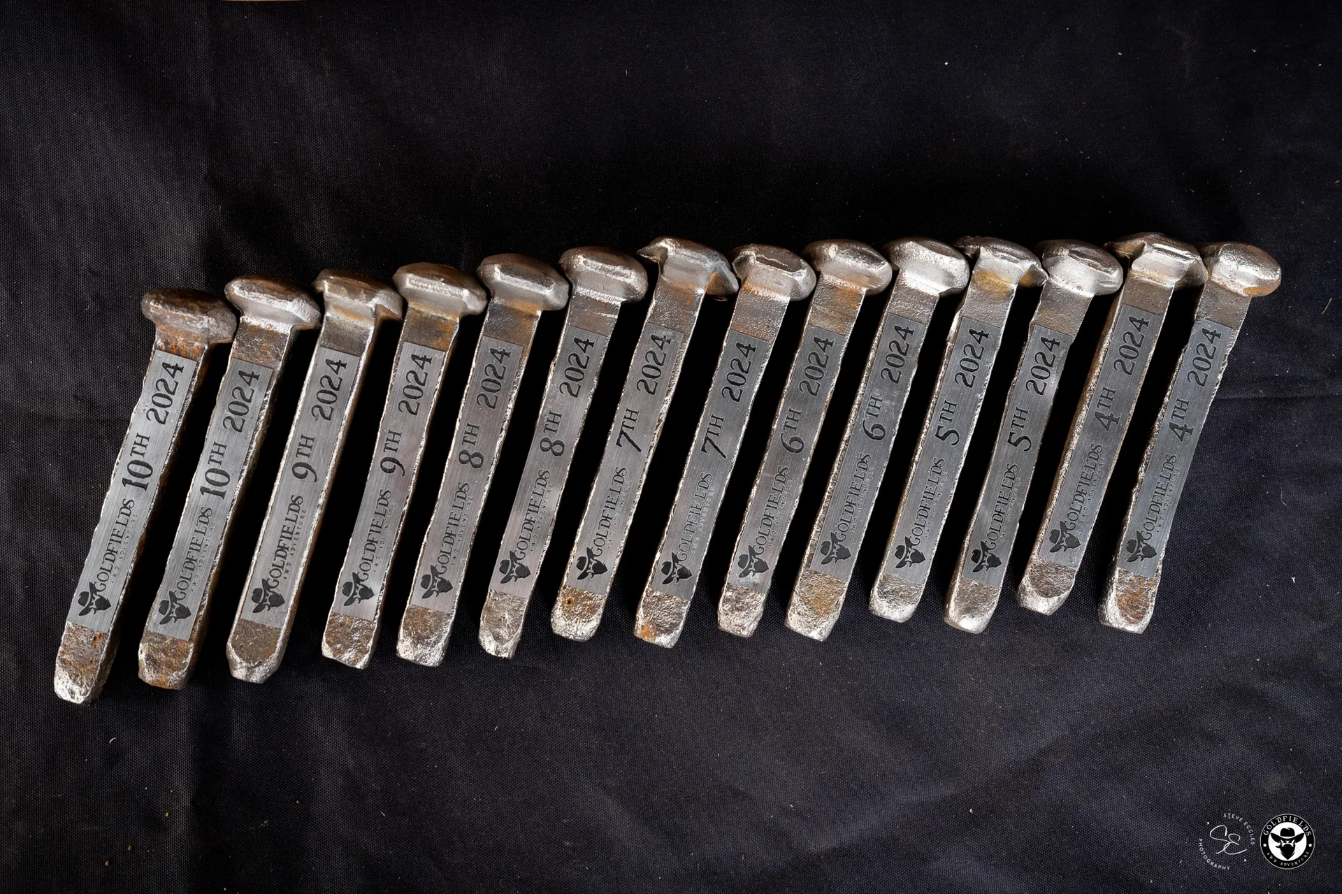 Engraved metal spike trophies — Amazing Race Goldfields 2024