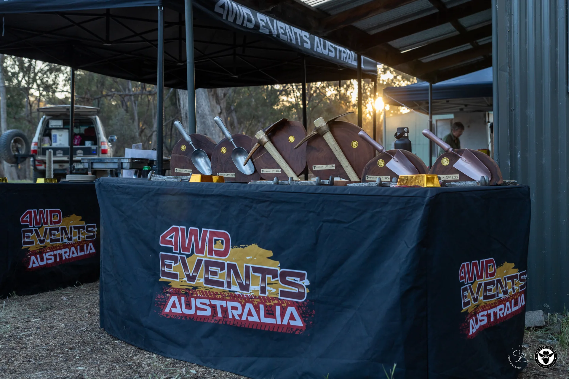 Trophy table at dusk at the Amazing Race Goldfields presentation