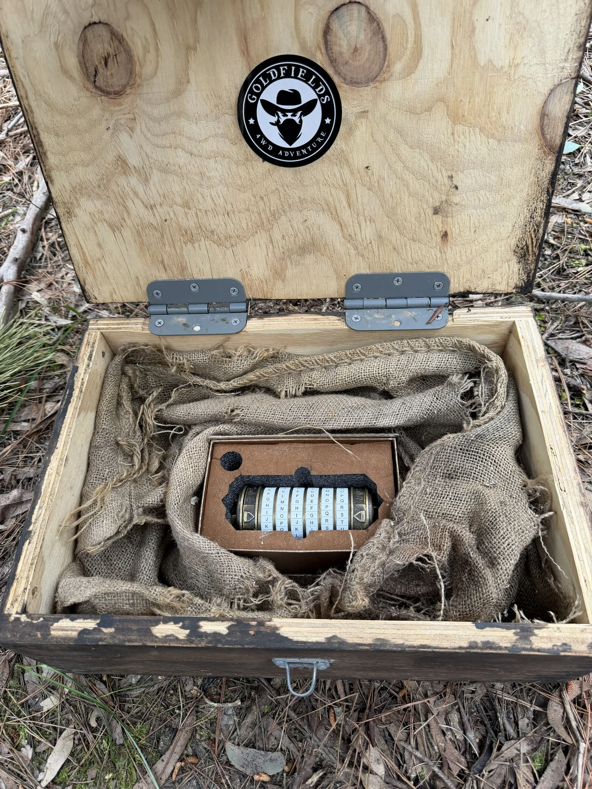 Cryptex puzzle found in a wooden box in the Goldfields bush
