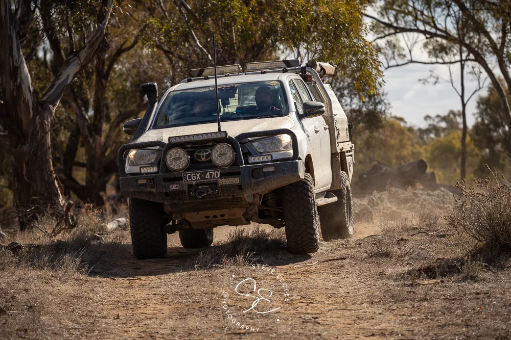 Hilux charging through Wimmera scrub